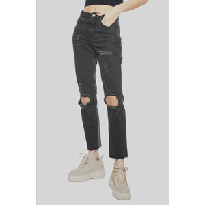 Topshop Ripped Destroyed Faded Black Straight Leg Jeans